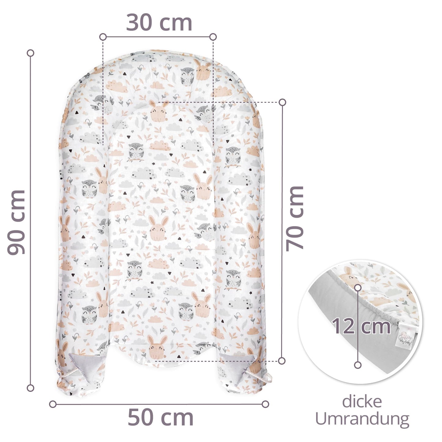 Nido Bebé 90x50 cm – Algodón, Reductor de Cuna, Gris Claro